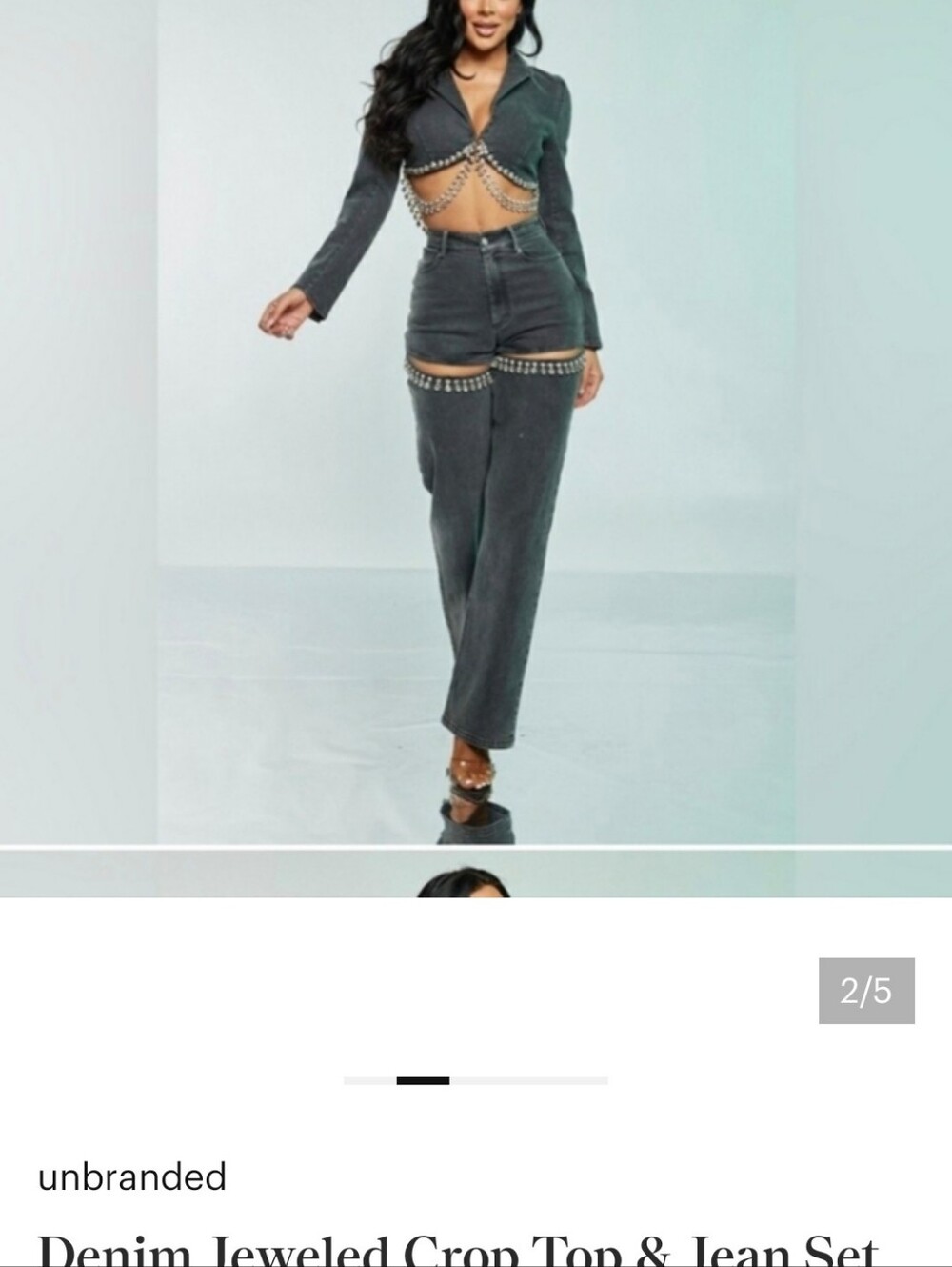 Denim Jeweled Crop Top & Jean Set In Black Sz 10